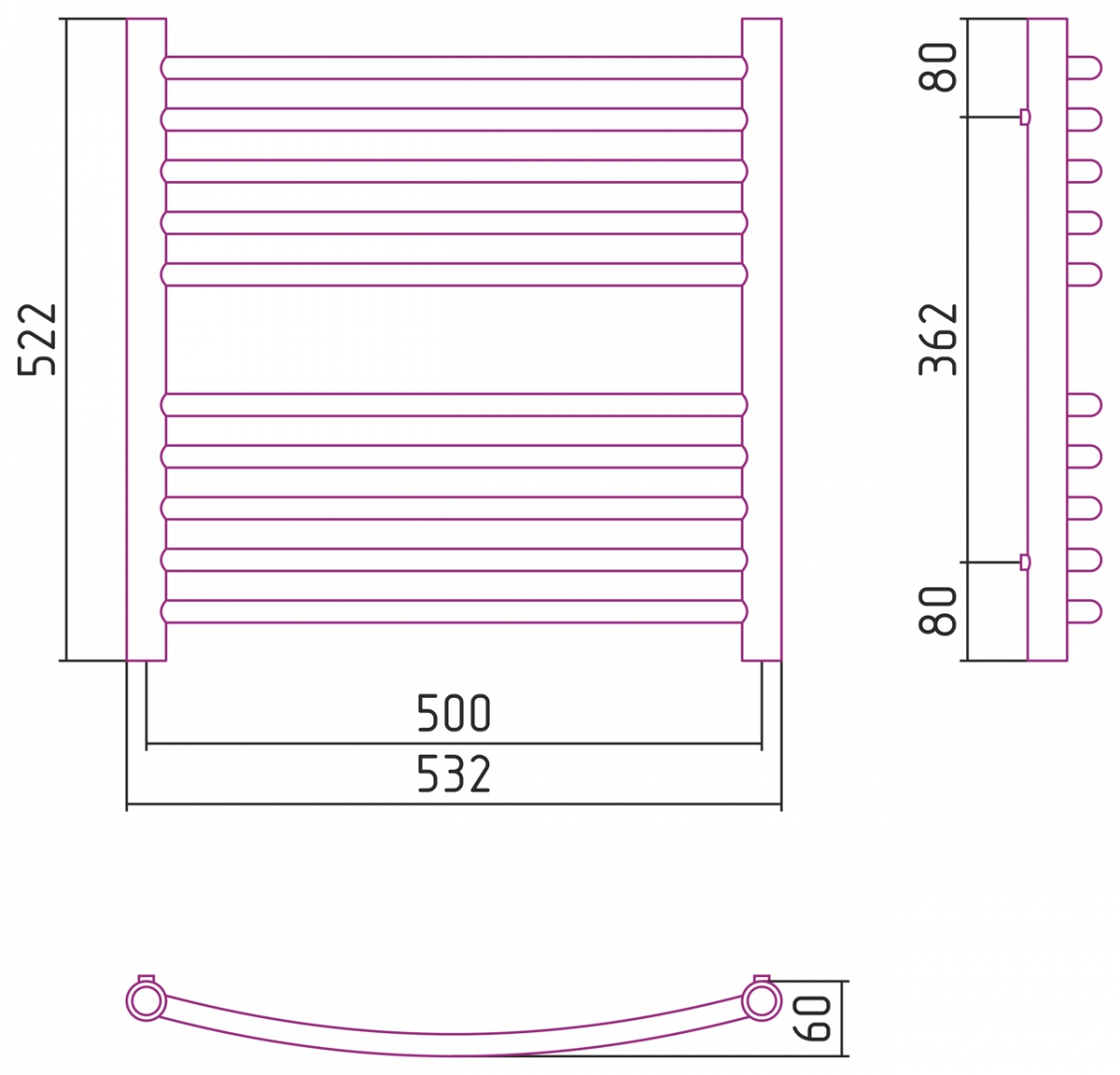 Полотенцесушитель комбинированный Сунержа Богема-ПРОФИ выгнутый 600x500. 00-5101-6050